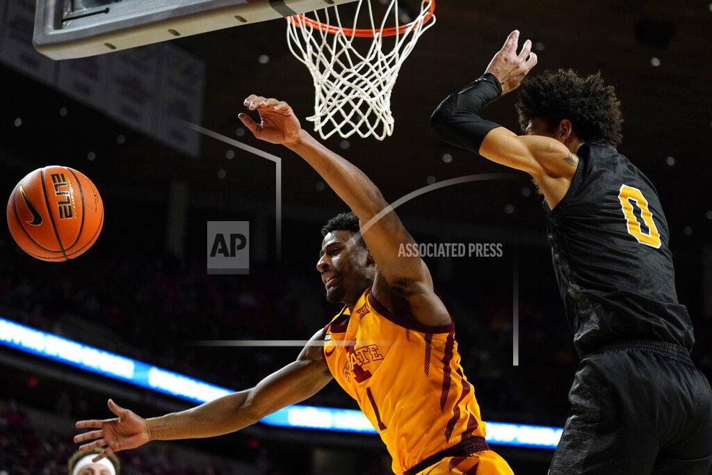 Charlie Neibergall Iowa State guard Izaiah Brockington (1) fights for a rebound with Alabama State forward Trace Young (0) during the second half of an NCAA college basketball game, Tuesday, Nov. 16, 2021, in Ames, Iowa. (AP Photo/Charlie Neibergall)