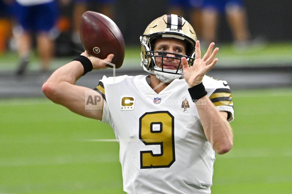 David Becker New Orleans Saints quarterback Drew Brees (9) warms up prior to an NFL football game against the Las Vegas Raiders, Monday, Sept. 21, 2020, in Las Vegas. (AP Photo/David Becker)