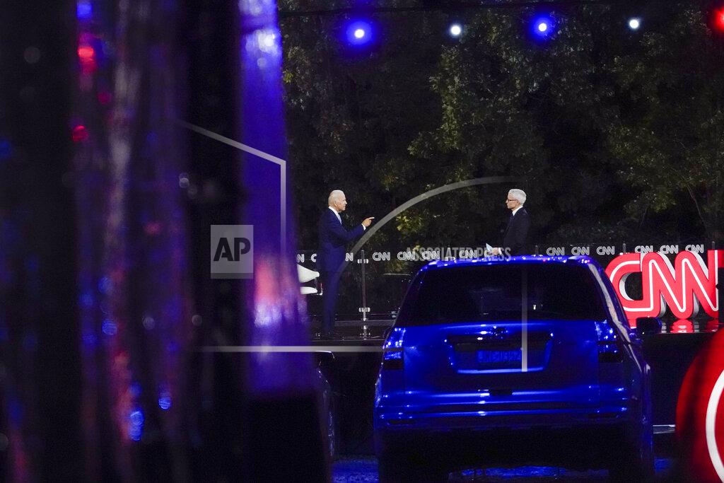 Democratic presidential candidate former Vice President Joe Biden participates in a CNN drive-in town hall moderated by Anderson Cooper in Moosic, Pa., Thursday, Sept. 17, 2020. (AP Photo/Carolyn Kaster)