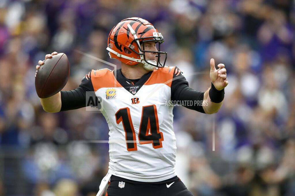 Gail Burton Cincinnati Bengals quarterback Andy Dalton looks to pass against the Baltimore Ravens during the first half of a NFL football game Sunday, Oct. 13, 2019, in Baltimore. (AP Photo/Gail Burton)