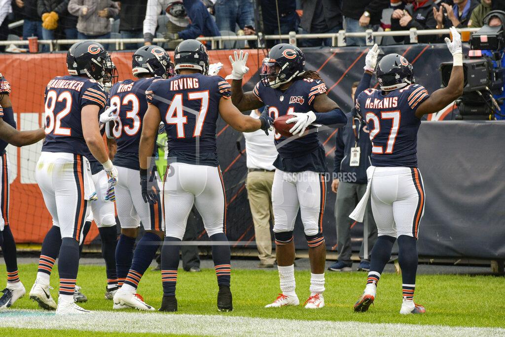 Mark Black Chicago Bears wide receiver Cordarrelle Patterson (84) celebrates his kickoff return for a touchdown with teammate during the first half of an NFL football game against the New Orleans Saints in Chicago, Sunday, Oct. 20, 2019. (AP Photo/Mark Black)