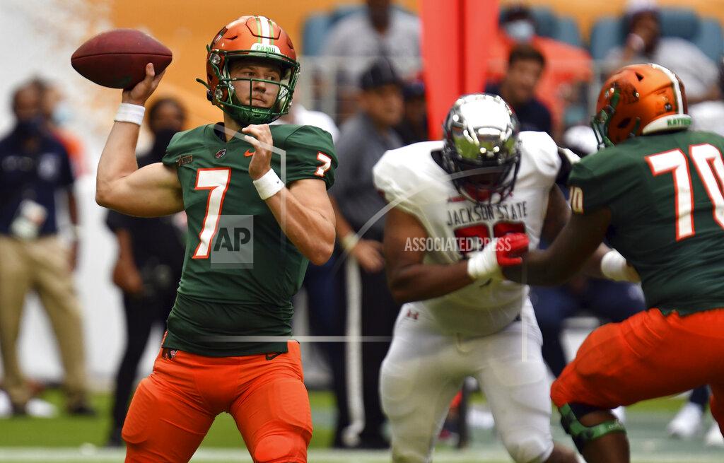 Jim Rassol Florida A&M Rattlers quarterback Junior Muratovic (7) drops back to pass against Jackson State in the fourth quarter of an NCAA college football game, Sunday, Sept. 5, 2021, in Miami Gardens, Fla. (AP Photo/Jim Rassol)