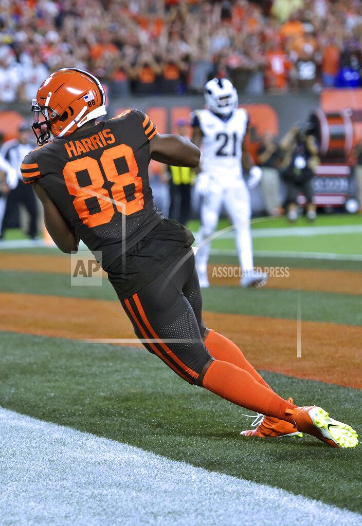 David Richard Cleveland Browns tight end Demetrius Harris scores a two-yard touchdown during the second half of an NFL football game against the Los Angeles Rams, Sunday, Sept. 22, 2019, in Cleveland. (AP Photo/David Richard)