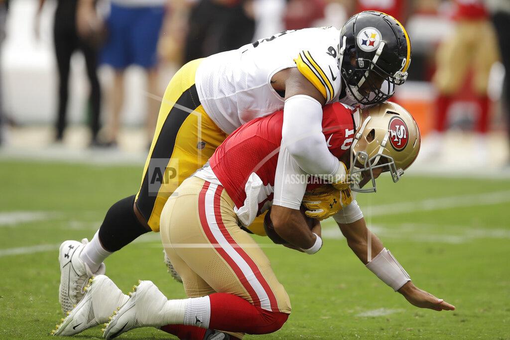 Ben Margot Pittsburgh Steelers defensive end Stephon Tuitt, top, sacks San Francisco 49ers quarterback Jimmy Garoppolo during the first half of an NFL football game in Santa Clara, Calif., Sunday, Sept. 22, 2019. (AP Photo/Ben Margot)