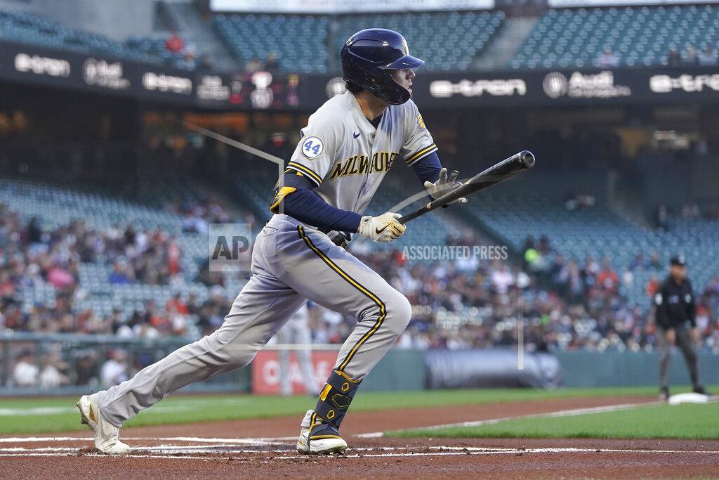Jeff Chiu Milwaukee Brewers' Christian Yelich hits a double against the San Francisco Giants during the first inning of a baseball game in San Francisco, Monday, Aug. 30, 2021. (AP Photo/Jeff Chiu)