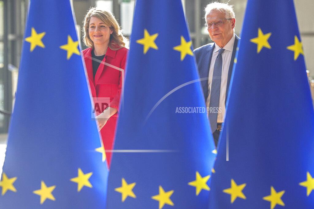 Olivier Matthys Canadian minister of foreign affairs Mélanie Joly and European Union foreign policy chief Josep Borrell arrive for a meeting of EU foreign ministers at the European Council building in Brussels, Monday, May 16, 2022. European Union foreign ministers on Monday will discuss current affairs and have an exchange of views on the Russian aggression against Ukraine and the Global Gateway. (AP Photo/Olivier Matthys)