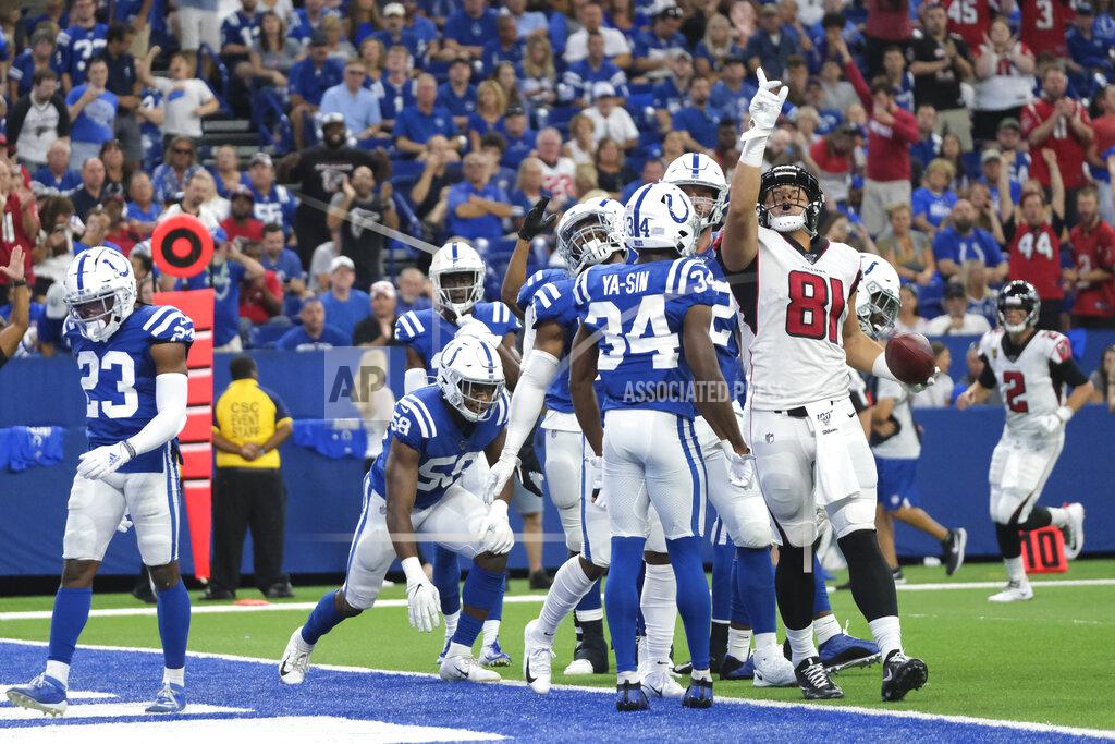 Aj Mast Atlanta Falcons tight end Austin Hooper (81) reacts after scoring a touchdown during the second half of an NFL football game against the Indianapolis Colts, Sunday, Sept. 22, 2019, in Indianapolis. (AP Photo/AJ Mast)