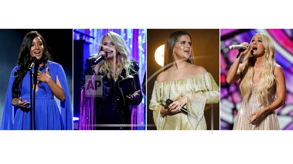 Uncredited This combination photo shows Mickey Guyton, from left, Miranda Lambert, Maren Morris and Carrie Underwood performing at the 56th annual Academy of Country Music Awards in Nashville, Tenn. The awards show aired on April 18 with both live and prerecorded segments. Underwood brought the Academy of Country Music Awards to church. Morris won two honors, including song of the year, Lambert performed three times and held onto her record as the most decorated winner in ACM history and Guyton, the first Black woman to host the awards show, gave a powerful, top-notch vocal performance. (AP Photo)