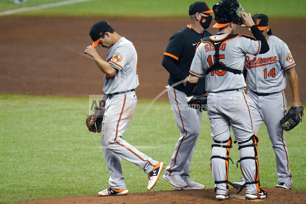 Chris O'meara Baltimore Orioles starting pitcher Tommy Milone, left, reacts as he is taken out of the game against the Tampa Bay Rays during the sixth inning of a baseball game Tuesday, Aug. 25, 2020, in St. Petersburg, Fla. (AP Photo/Chris O'Meara)