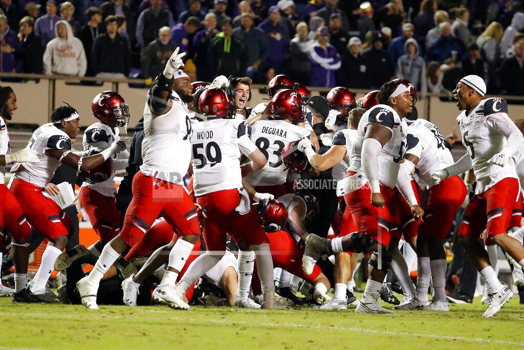 Karl B Deblaker Cincinnati celebrates following a last-second field goal against East Carolina following an NCAA college football game in Greenville, N.C., Saturday, Nov. 2, 2019. (AP Photo/Karl B DeBlaker)