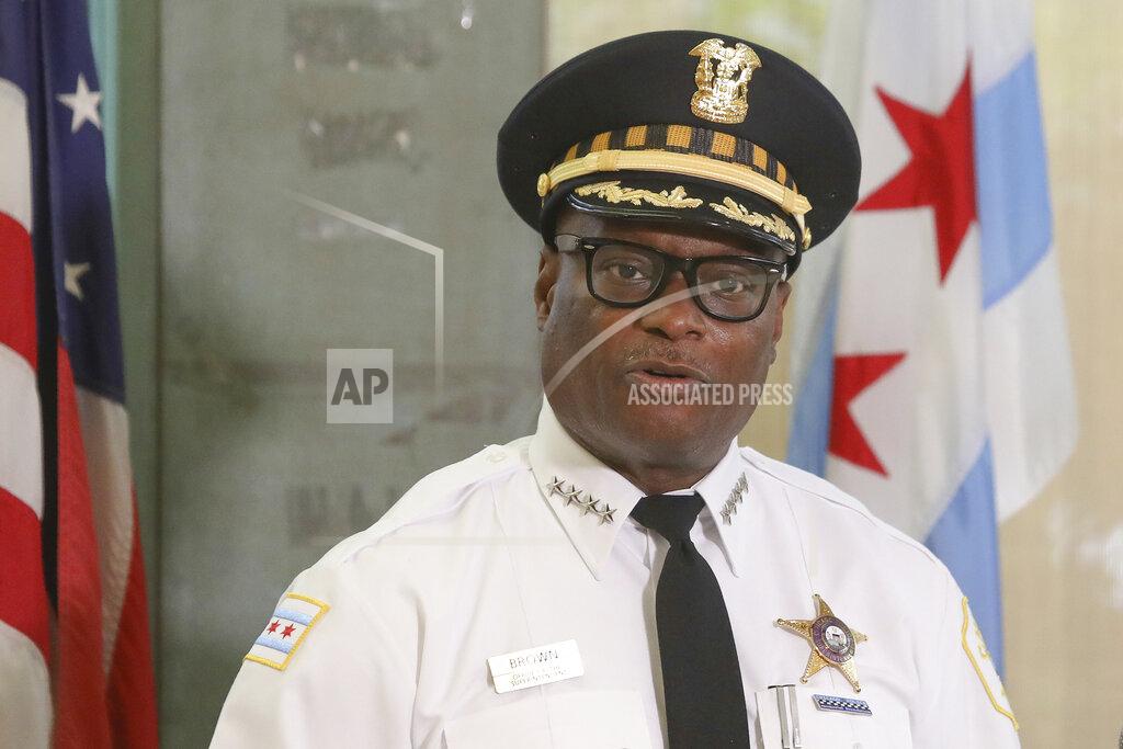 FILE - This July 27, 2020 photo, Chicago Police Superintendent David Brown speaks at a news conference in Chicago. Homicides and shootings have surged in Chicago during the first seven months of the year. Police released statistics Saturday, Aug. 1, showing that from Jan. 1 through the end of July, there were 440 homicides in Chicago and 2,240 people shot, including many of those who were killed. (AP Photo/Teresa Crawford, File)