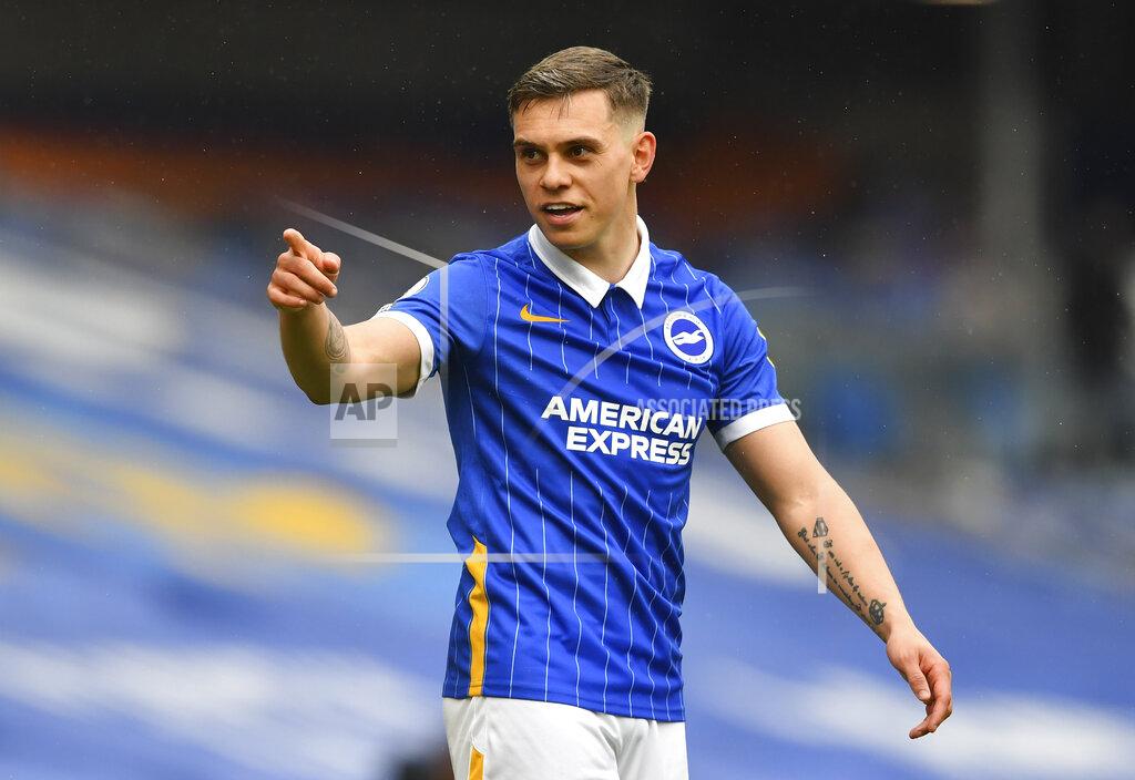 Ben Stansall FILE - In this Saturday, May 1, 2021 file photo, Brighton's Leandro Trossard reacts during the English Premier League soccer match between Brighton and Hove Albion and Leeds United at the Falmer stadium in Brighton, England. Jeremy Doku and Leandro Trossard were called up Monday, May 17, 2021 for the Belgium squad alongside the usual stalwarts for the European Championship. Belgium will play in Group B, opening against Russia on June 12. The top-ranked Belgians will then face Denmark and Finland. (Ben Stansall/Pool via AP, File)