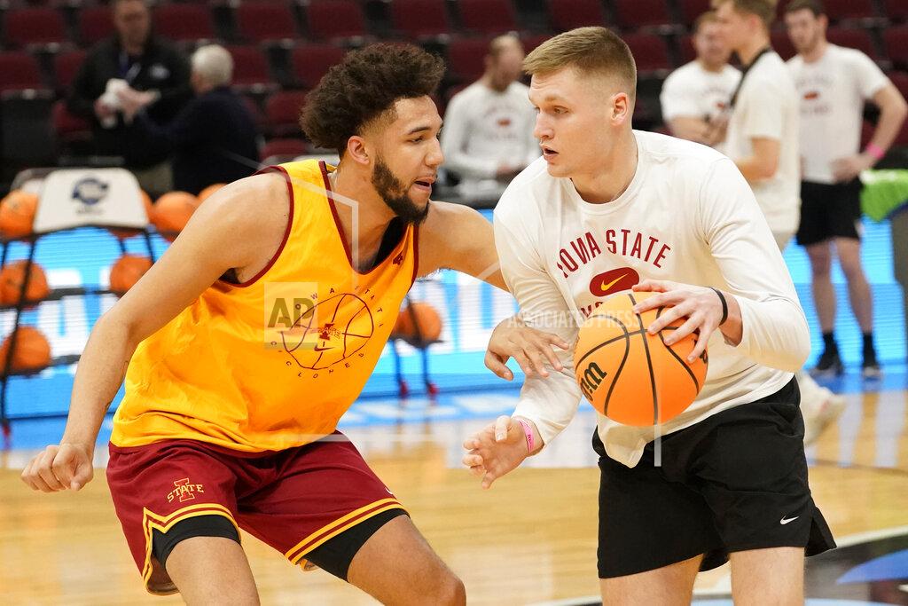 Charles Rex Arbogast Iowa State's George Conditt IV defends during practice for the NCAA men's college basketball tournament Thursday, March 24, 2022, in Chicago. Iowa State faces Miami in a Sweet 16 game on Friday. (AP Photo/Charles Rex Arbogast)