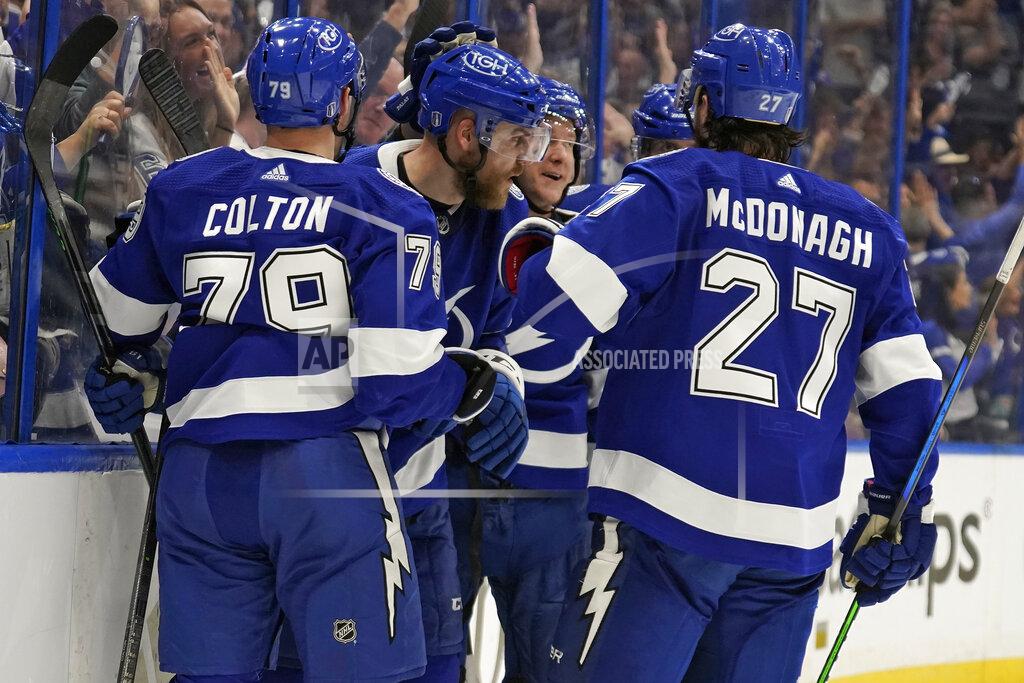 Chris O'MEara Tampa Bay Lightning defenseman Erik Cernak (81, center) celebrates his goal against the Florida Panthers with center Ross Colton (79) and defenseman Ryan McDonagh (27) during the second period in Game 3 of an NHL hockey second-round playoff series Sunday, May 22, 2022, in Tampa, Fla. (AP Photo/Chris O'Meara)