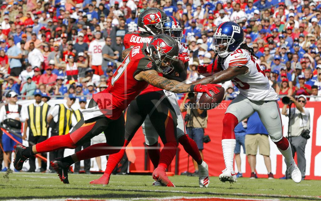 Mark Lomoglio Tampa Bay Buccaneers wide receiver Mike Evans (13) beats New York Giants cornerback Janoris Jenkins (20) on a 3-yard touchdown reception during the first half of an NFL football game Sunday, Sept. 22, 2019, in Tampa, Fla. (AP Photo/Mark LoMoglio)