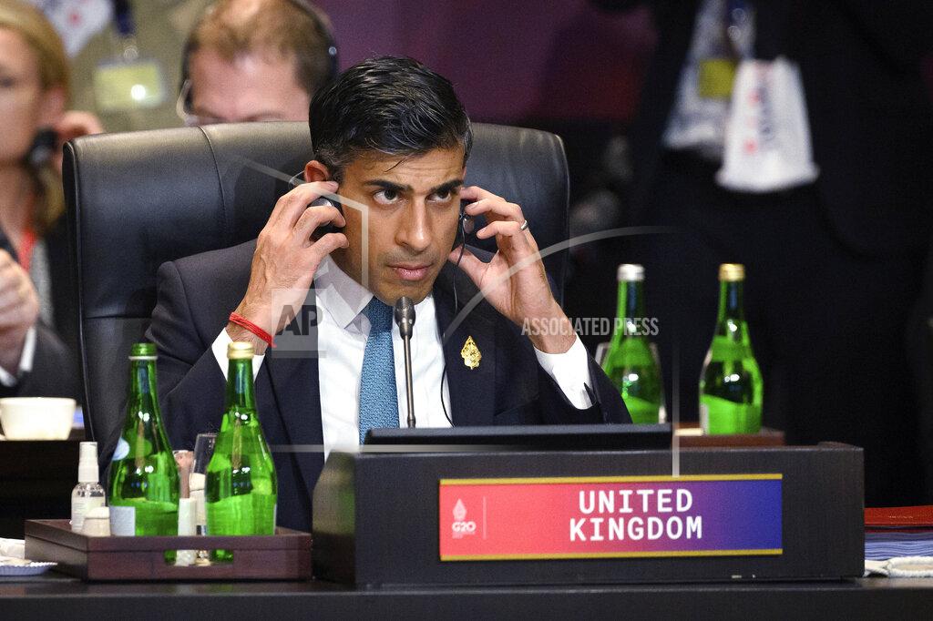 Leon Neal FILE - Britain's Prime Minister Rishi Sunak attends a working session on food and energy security at the G20 Summit in Nusa Dua, Bali, Indonesia, Nov. 15, 2022. In his first month as Britain's prime minister, Sunak has stabilized the economy, reassured allies from Washington to Kyiv and even soothed the European Union after years of sparring between Britain and the bloc. But Sunak’s challenges are just beginning. He is facing a stagnating economy, a cost-of-living crisis – and a Conservative Party that is fractious and increasingly unpopular after 12 years in power. (Leon Neal/Pool Photo via AP, File)