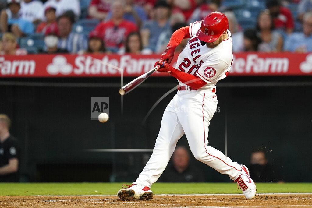 Ashley Landis Los Angeles Angels' Jared Walsh singles during the first inning of a baseball game against the Texas Rangers Friday, Sep. 3, 2021, in Anaheim, Calif. Phil Gosselin scored. (AP Photo/Ashley Landis)