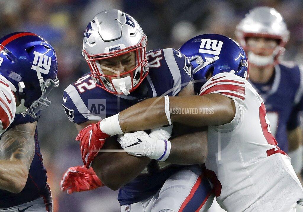 Steven Senne New York Giants middle linebacker B.J. Goodson, right, tackles New England Patriots running back Nick Brossette during the first half of an NFL preseason football game Thursday, Aug. 29, 2019, in Foxborough, Mass. (AP Photo/Steven Senne)