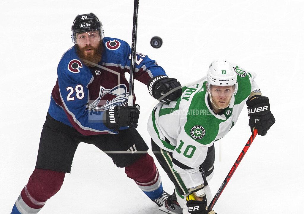 Jason Franson Dallas Stars' Corey Perry (10) and Colorado Avalanche's Ian Cole (28) look for the loose puck during the third period of an NHL Western Conference Stanley Cup playoff game, Monday, Aug. 31, 2020, in Edmonton, Alberta. (Jason Franson/The Canadian Press via AP)
