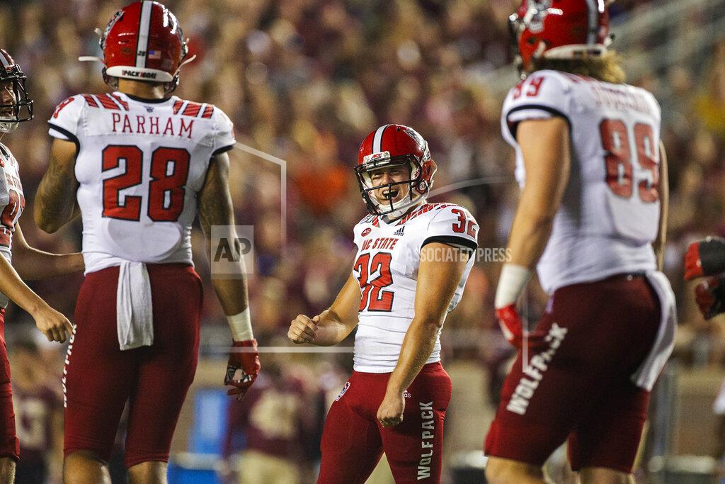 Mark Wallheiser North Carolina State place kicker Christopher Dunn (32) reacts to a field goal against Florida State in the first half of an NCAA college football game in Tallahassee, Fla., Saturday, Sept. 28, 2019. (AP Photo/Mark Wallheiser)
