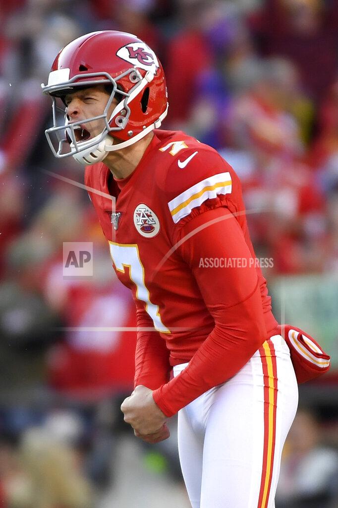 Reed Hoffmann Kansas City Chiefs kicker Harrison Butker (7) celebrates after making a 54-yard field goal against the Minnesota Vikings during the second half of an NFL football game in Kansas City, Mo., Sunday, Nov. 3, 2019. (AP Photo/Reed Hoffmann)