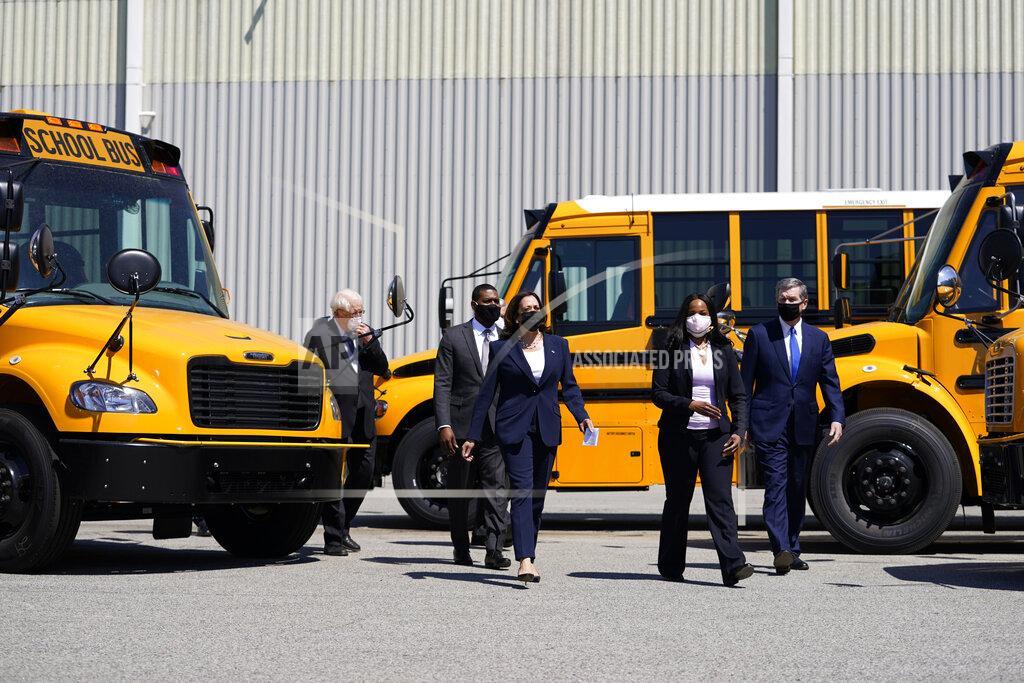 Carolyn Kaster Vice President Kamala Harris tours Thomas Built Buses, Monday, April 19, 2021, in High Point, N.C. Harris is joined by EPA Administrator Michael Regan, North Carolina Gov. Roy Cooper, Leslie Kilgore Vice President of Engineering, Rep. David Price, D-NC. (AP Photo/Carolyn Kaster)