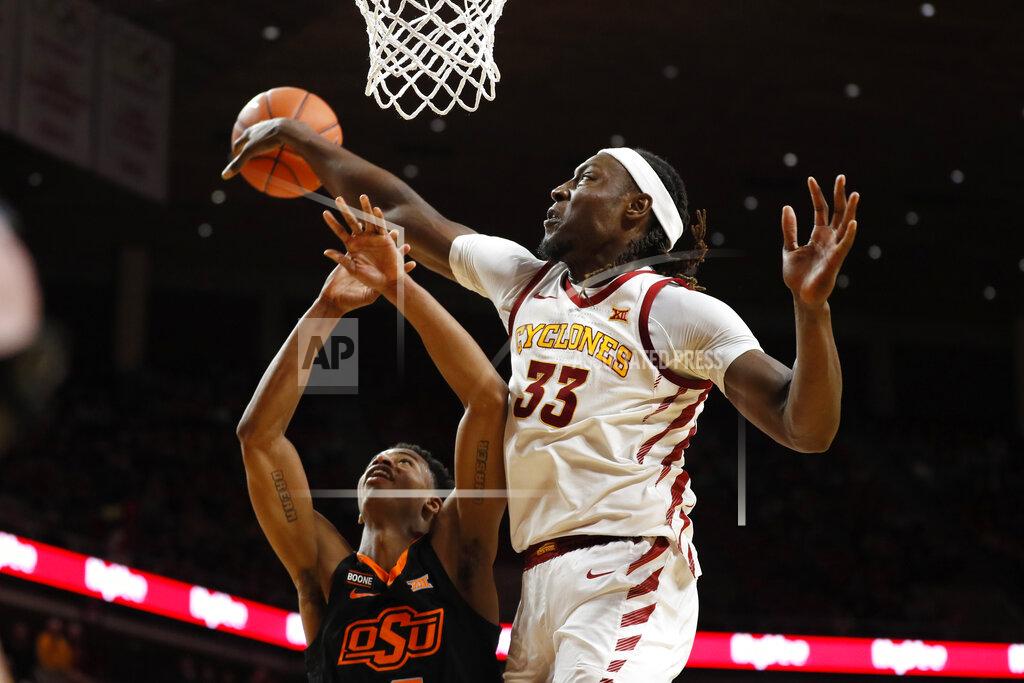 Charlie Neibergall Iowa State forward Solomon Young (33) blocks a shot by Oklahoma State guard Avery Anderson III during the second half of an NCAA college basketball game, Tuesday, Jan. 21, 2020, in Ames, Iowa. Iowa State won 89-82. (AP Photo/Charlie Neibergall)