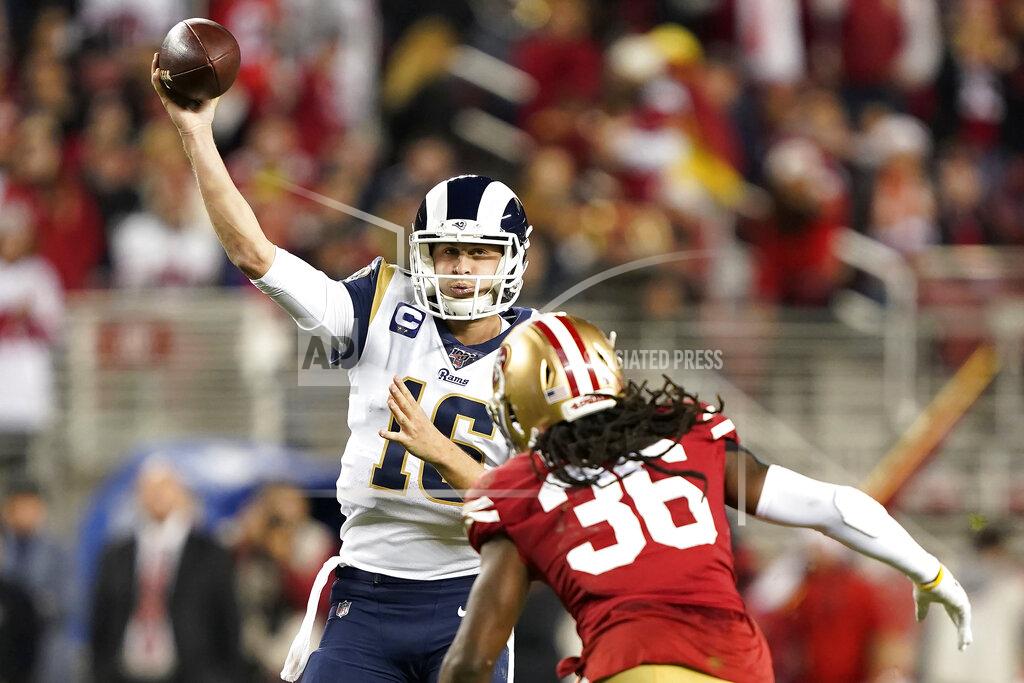Tony Avelar Los Angeles Rams quarterback Jared Goff (16) throws a pass as San Francisco 49ers defensive back Marcell Harris (36) applies pressure during the second half of an NFL football game in Santa Clara, Calif., Saturday, Dec. 21, 2019. (AP Photo/Tony Avelar)
