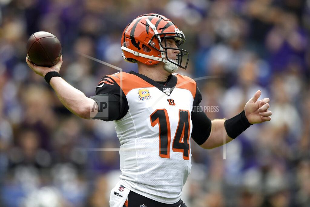 Gail Burton Cincinnati Bengals quarterback Andy Dalton throws a pass against the Baltimore Ravens during the first half of a NFL football game Sunday, Oct. 13, 2019, in Baltimore. (AP Photo/Gail Burton)