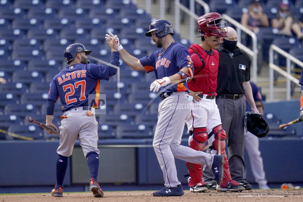 Jeff Roberson Houston Astros' Steven Souza Jr., center, is congratulated by teammate Jose Altuve, left, as Washington Nationals catcher Tres Barrera, right, stands by after Souza hit a two-run home run during the fourth inning of a spring training baseball game Monday, March 1, 2021, in West Palm Beach, Fla. (AP Photo/Jeff Roberson)