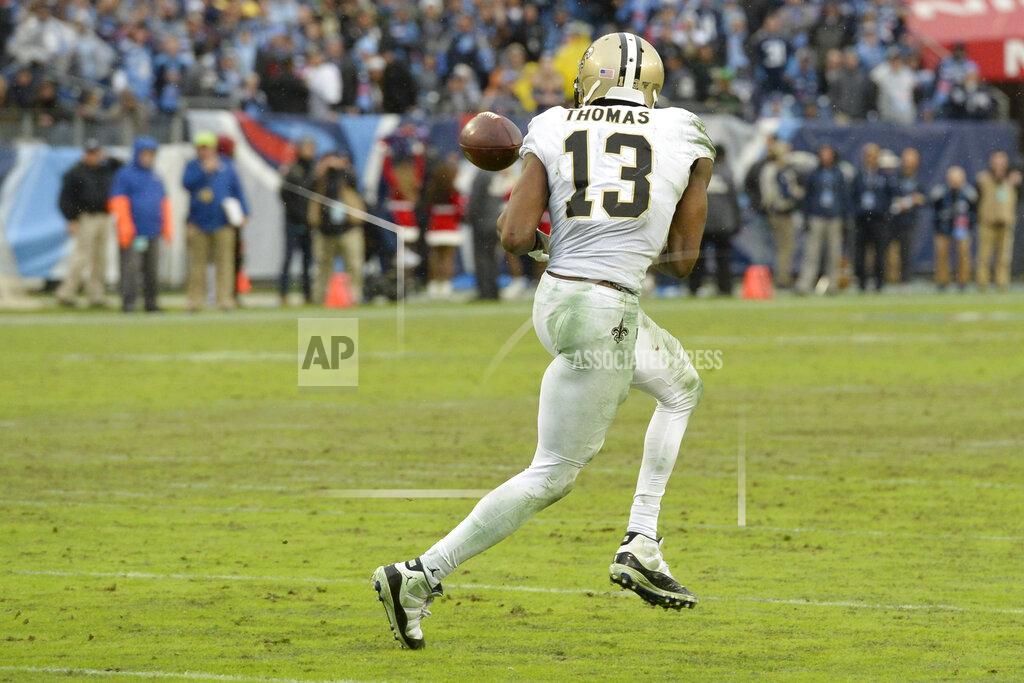 Mark Zaleski New Orleans Saints wide receiver Michael Thomas (13) makes a reception against the Tennessee Titans in the second half of an NFL football game Sunday, Dec. 22, 2019, in Nashville, Tenn. The catch gave Thomas the single-season pass reception record. (AP Photo/Mark Zaleski)