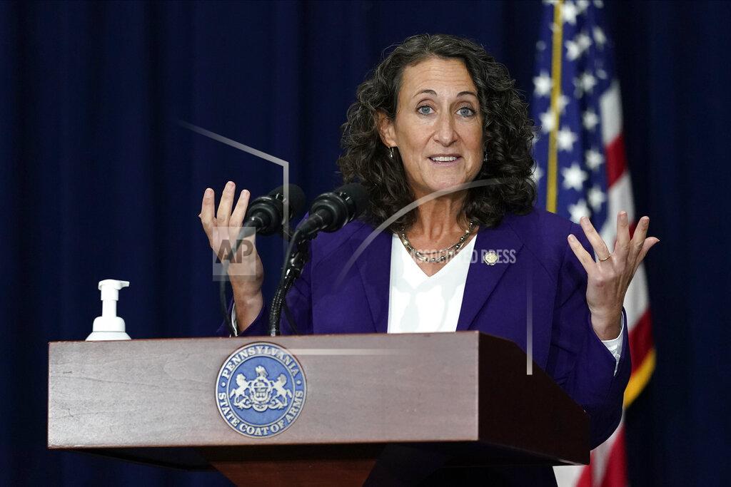 FILE - In this Thursday, Nov. 5, 2020, file photo, Pennsylvania Secretary of State Kathy Boockvar speaks during a news conference about counting votes from Tuesday's election, in Harrisburg, Pa. After navigating the sea of challenges in 2020, Boockvar is leaving her job in Democratic Gov. Tom Wolf's cabinet under a cloud that has nothing to do with last year's election. (AP Photo/Julio Cortez, File)
