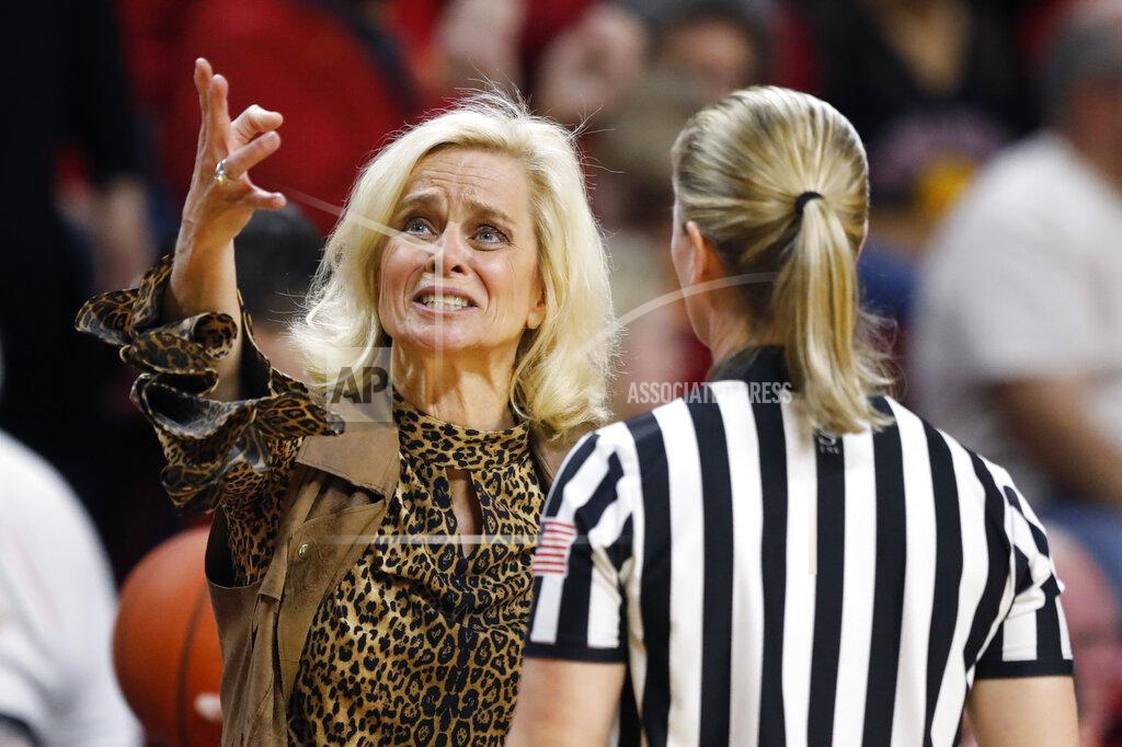 Charlie Neibergall Baylor head coach Kim Mulkey reacts to a call against her team during the second half of an NCAA college basketball game against Iowa State, Sunday, March 8, 2020, in Ames, Iowa. (AP Photo/Charlie Neibergall)