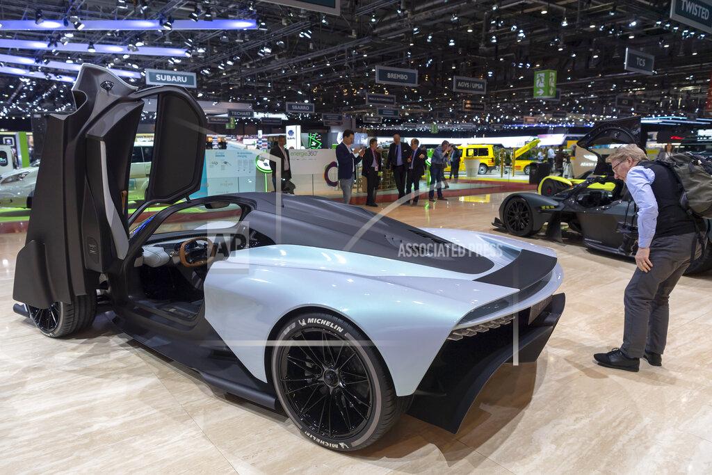Martial Trezzini The new car Aston Martin AM-RB003 is presented during the press day at the 89th Geneva International Motor Show in Geneva, Switzerland, Wednesday, March 06, 2019. The Motor Show will open its gates to the public from March 7, presenting more than 180 exhibitors and more than 100 world and European premieres. (Martial Trezzini/Keystone via AP)
