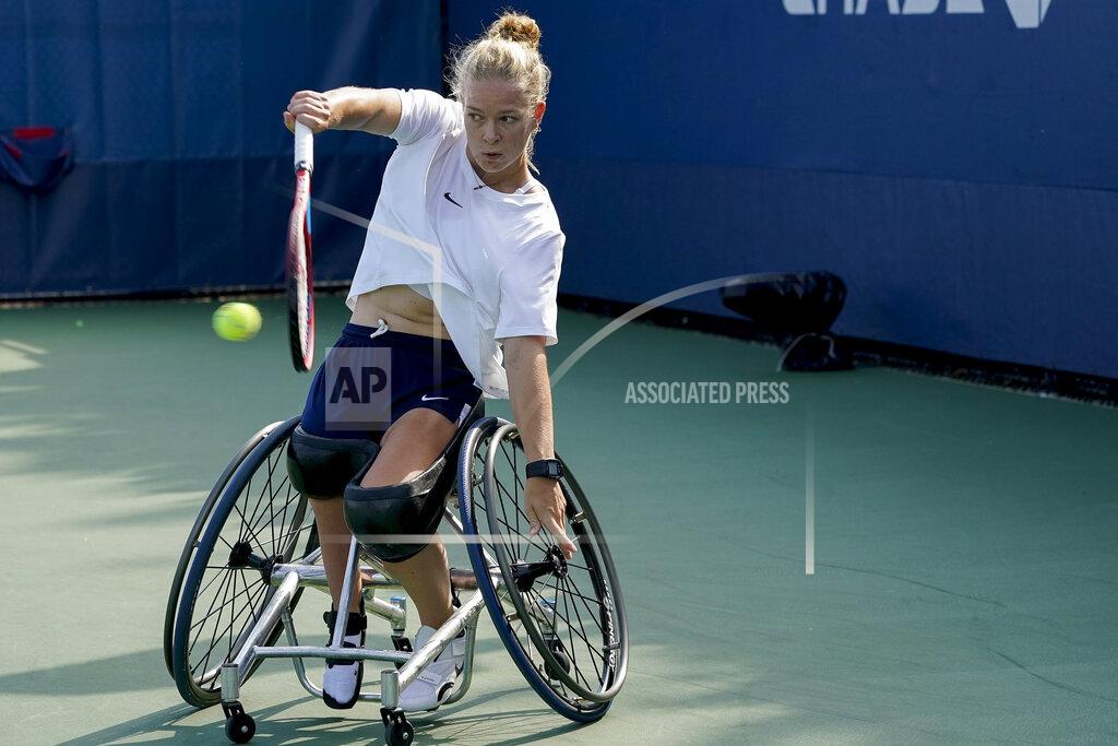 Elise Amendola Diede De Groot, practices at the Bille Jean King National Tennis Center during the US Open tennis championships, Wednesday, Sept. 8, 2021, in New York. De Groot can do something at the U.S. Open that even Novak Djokovic can't. The wheelchair star will try to complete the Golden Slam -- all four major titles plus the Paralympic gold medal in the same year -- when competition begins Thursday. (AP Photo/Elise Amendola)