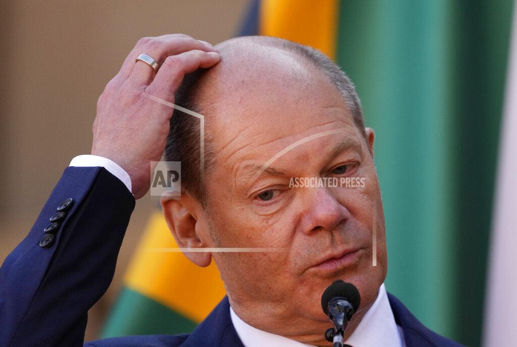 Themba Hadebe German Chancellor Olaf Scholz speaks during a joint press conference with South Africa President Cyril Ramaphosa at the Union Building in Pretoria, South Africa, Tuesday, May 24, 2022. (AP Photo/Themba Hadebe)