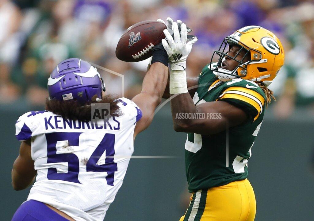 Matt Ludtke Minnesota Vikings' Eric Kendricks breaks up a pass intended for Green Bay Packers' Aaron Jones during the second half of an NFL football game Sunday, Sept. 15, 2019, in Green Bay, Wis. (AP Photo/Matt Ludtke)