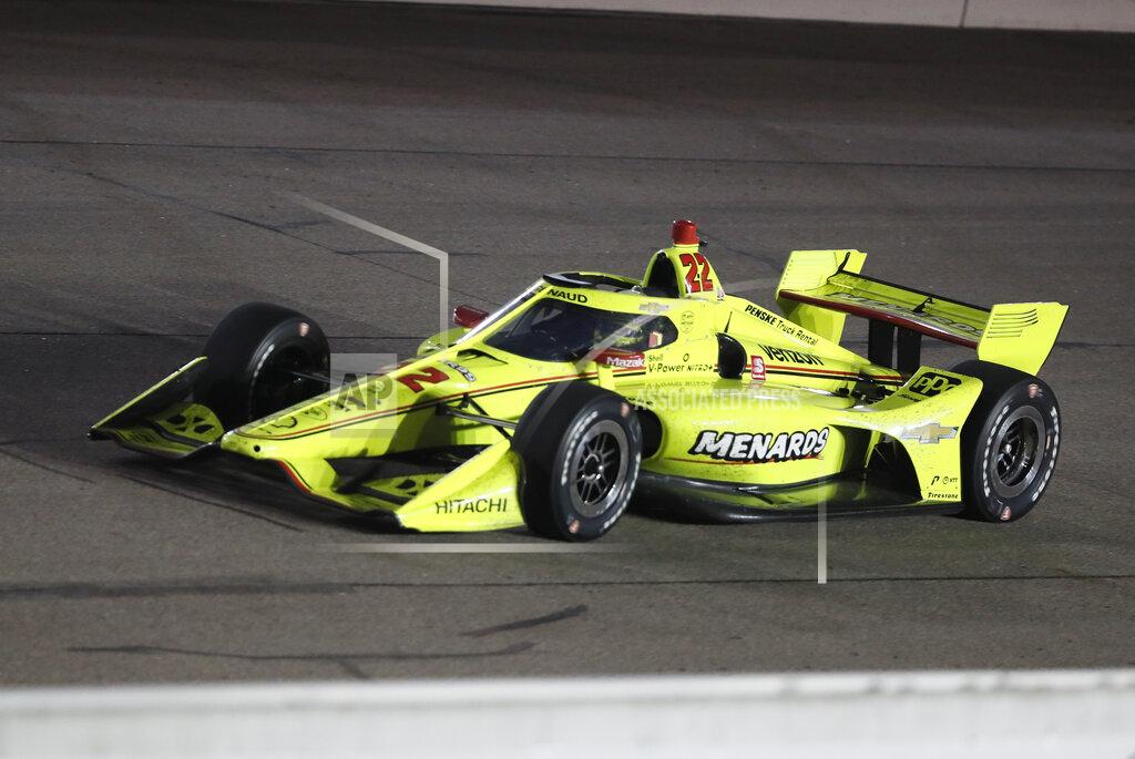 Simon Pagenaud, of France, drives during an IndyCar Series auto race Friday, July 17, 2020, at Iowa Speedway in Newton, Iowa. (AP Photo/Charlie Neibergall)