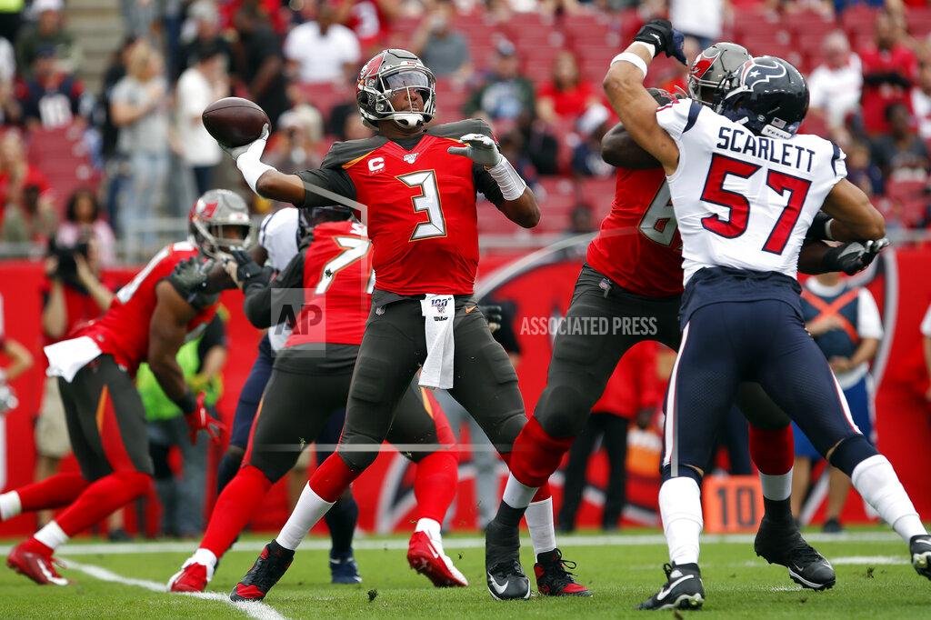 Mark Lomoglio Tampa Bay Buccaneers quarterback Jameis Winston (3) throws a pass against the Houston Texans during the first half of an NFL football game Saturday, Dec. 21, 2019, in Tampa, Fla. (AP Photo/Mark LoMoglio)