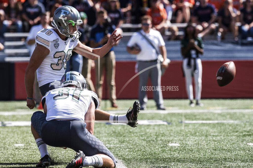 Holly Hart Eastern Illinois kicker Chad Ryland kicks a field goal in the first half of a NCAA college football game against Illinois Saturday, Sept.14, 2019, in Champaign, Ill. (AP Photo/Holly Hart)