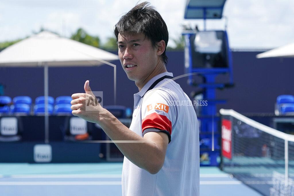 Marta Lavandier Kei Nishikori gives a thumbs up to his fans in the stands after defeating Aljaz Bedene of Slovenia, during the Miami Open tennis tournament, Saturday, March 27, 2021, in Miami Gardens, Fla. (AP Photo/Marta Lavandier)