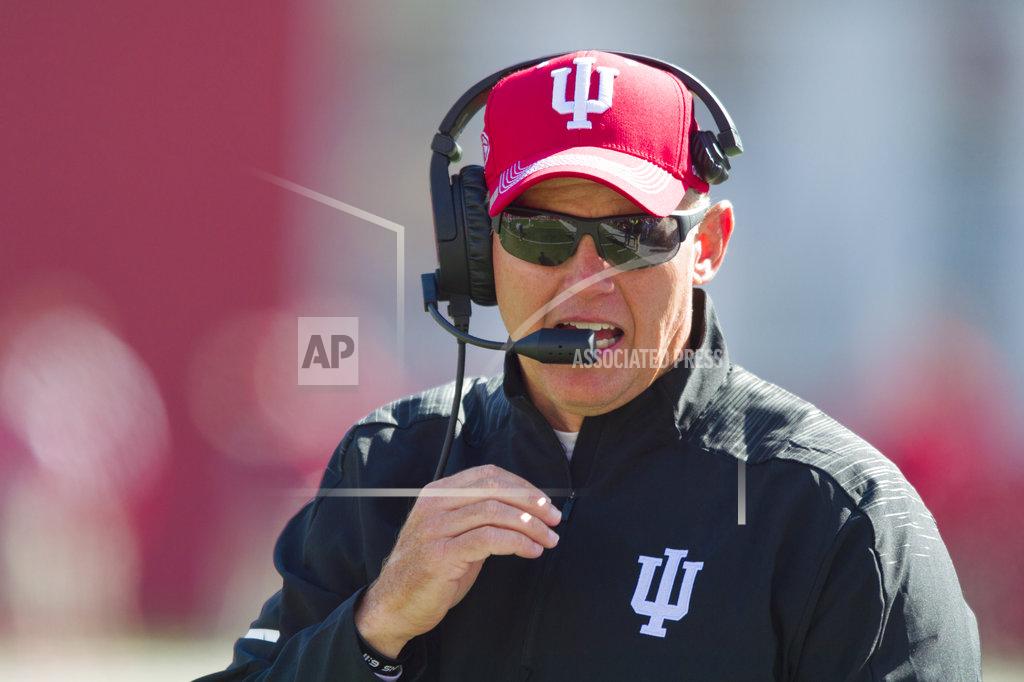 Doug Mcschooler File- This Oct. 13, 2018, file photo shows Indiana head coach Tom Allen on the sideline during the second half of an NCAA college football game against Iowa in Bloomington, Ind. Allen and Purdue coach Jeff Brohm understand the short-term stakes of Saturday’s Old Oaken Bucket game. The winner plays another game this season while the loser heads home to start offseason work, just like last year. Just like it seems every year. (AP Photo/Doug McSchooler, File)