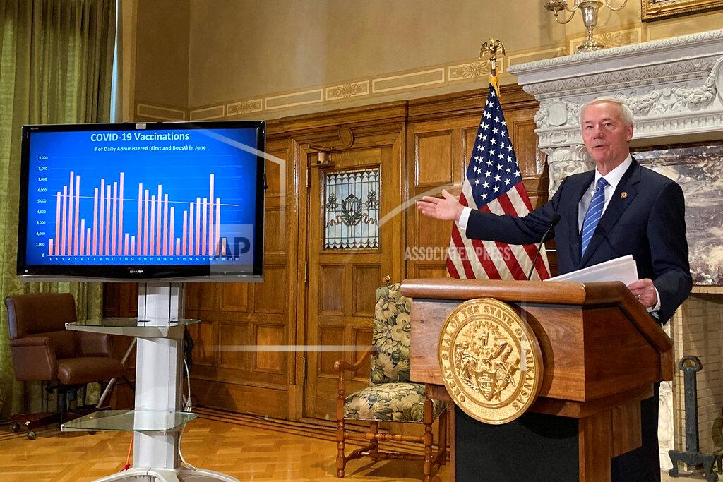 Andrew Demillo FILE - In this Tuesday, June 29, 2021 file photo, Arkansas Gov. Asa Hutchinson talks about COVID-19 vaccinations at the state Capitol in Little Rock, Ark. Hutchinson, called a special legislative session in early August 2021, asking lawmakers to carve out an exception for schools in a bill to ban mask mandates. They declined. The law is currently blocked by an Arkansas judge who deemed it unconstitutional. Legal battles are ongoing in other states as well, including Missouri, where a St. Louis County mask mandate is in dispute. (AP Photo/Andrew Demillo)