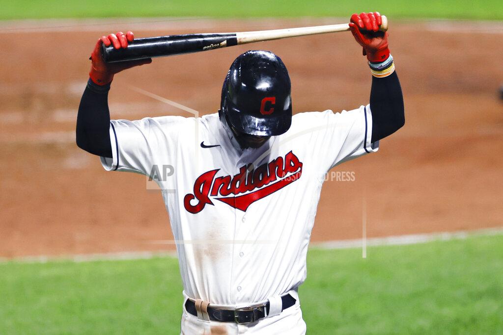 Ron Schwane Cleveland Indians' Tyler Naquin reacts after striking out against Detroit Tigers pitcher José Cisnero during the sixth inning of a baseball game, Friday, Aug. 21, 2020, in Cleveland. (AP Photo/Ron Schwane)