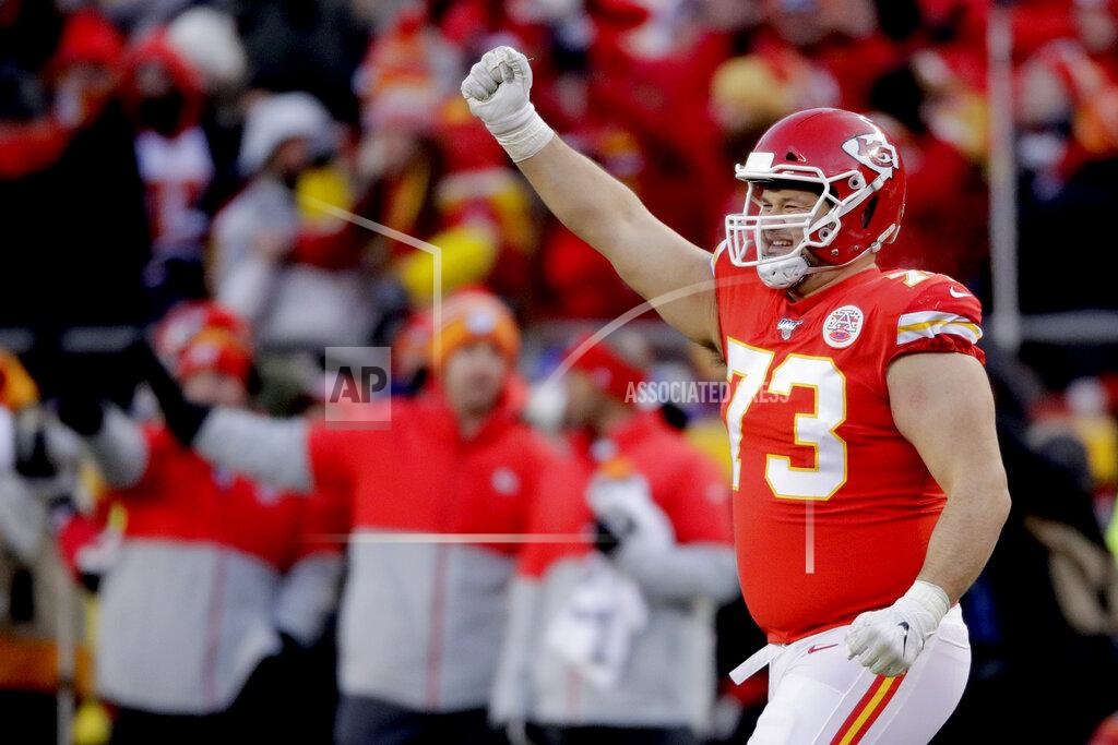 Charlie Riedel Kansas City Chiefs' Nick Allegretti celebrates during the second half of the NFL AFC Championship football game against the Tennessee Titans Sunday, Jan. 19, 2020, in Kansas City, MO. (AP Photo/Charlie Riedel)