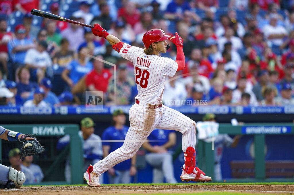 Chris Szagola Philadelphia Phillies' Alec Bohm hits a two-run home run during the third inning of a baseball game against the Los Angeles Dodgers, Saturday, May 21, 2022, in Philadelphia. (AP Photo/Chris Szagola)