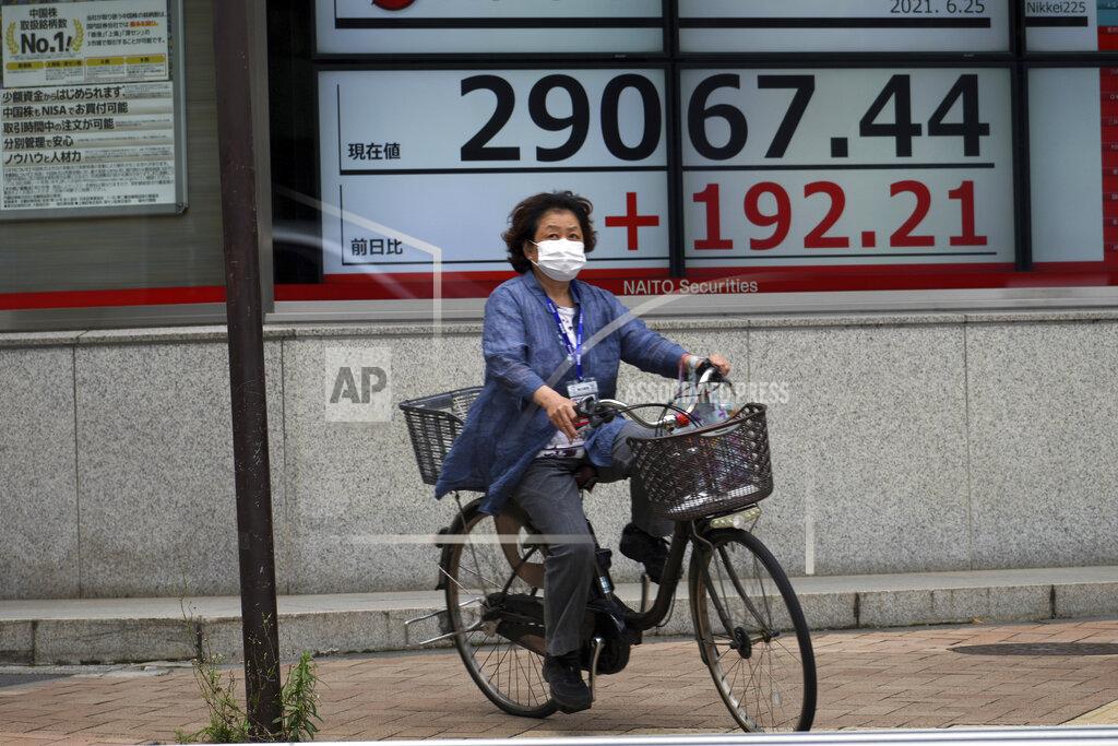 Eugene Hoshiko A woman wearing a protective mask rides a bicycle in front of an electronic stock board showing Japan's Nikkei 225 index at a securities firm Friday, June 25, 2021, in Tokyo. Asian shares are rising, buoyed by the rally on Wall Street that came after President Joe Biden announced a bipartisan deal on infrastructure spending. (AP Photo/Eugene Hoshiko)