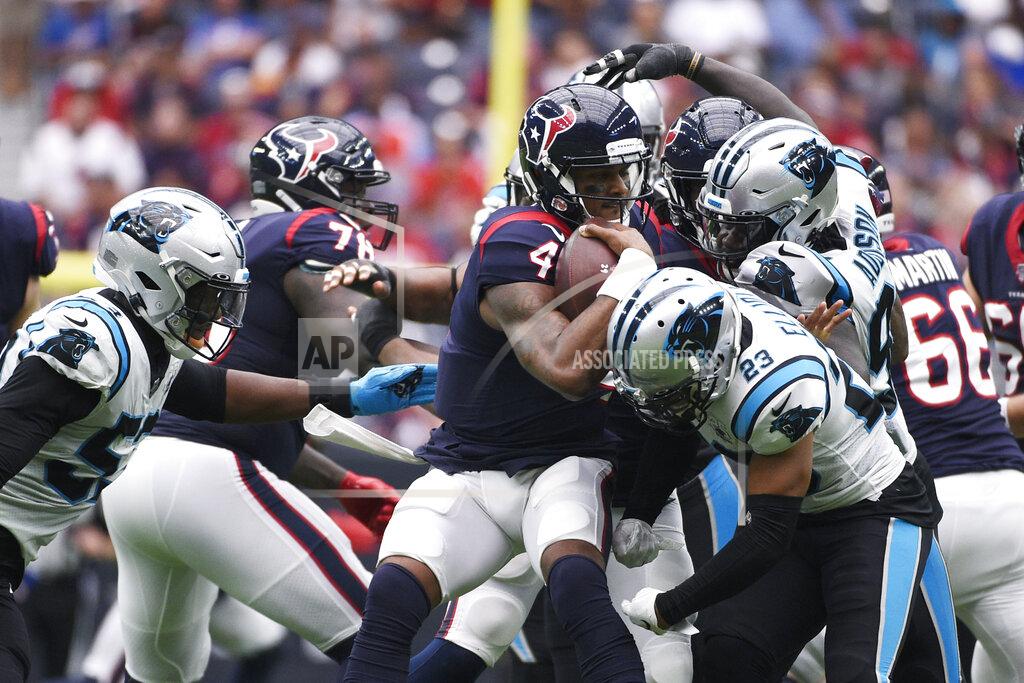 Eric Christian Smith Houston Texans quarterback Deshaun Watson (4) is sacked by Carolina Panthers cornerback Javien Elliott (23) during the second half of an NFL football game Sunday, Sept. 29, 2019, in Houston. (AP Photo/Eric Christian Smith)