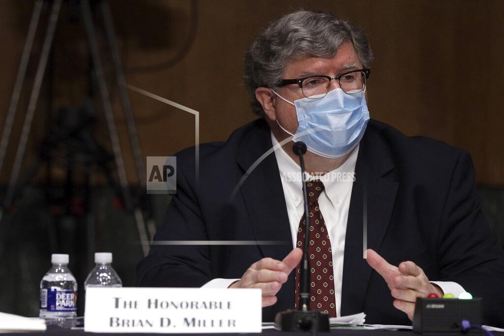 Alex Wong Brian Miller who is nominated to be Department of the Treasury Special Inspector General for Pandemic, testifies before a hearing of Senate Banking, Housing, and Urban Affairs Committee on Capitol Hill in Washington, Tuesday, May 5, 2020. (Alex Wong/Pool via AP)