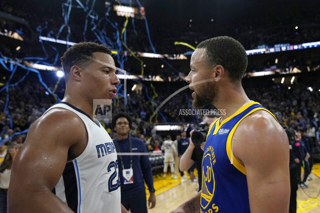 Tony Avelar Memphis Grizzlies guard Desmond Bane, left, congratulates Golden State Warriors guard Stephen Curry (30) at the end of Game 6 of an NBA basketball Western Conference playoff semifinal in San Francisco, Friday, May 13, 2022. The Warriors won 110-96, and advanced to the conference finals. (AP Photo/Tony Avelar)